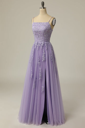 A Line Strapless Light Purple Long Prom Dress with Appliques