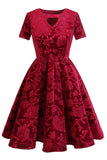 Burgundy Short Sleeves Velvet Party Dress