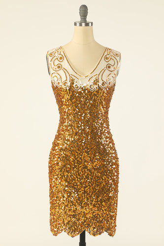 Golden Sequins V-Neck 1920s Flapper Dress