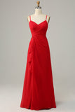 Red Spaghetti Straps A Line Bridesmaid Dress