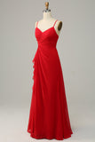 Red Spaghetti Straps A Line Bridesmaid Dress