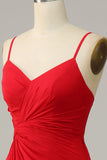 Red Spaghetti Straps A Line Bridesmaid Dress