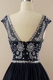 Navy Beaded Sleeveless Graduation Dress