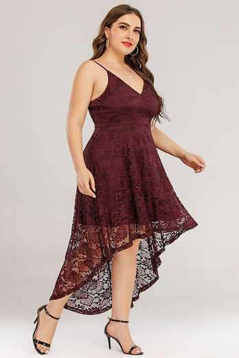 Burgundy High low Lace Plus Size Dress