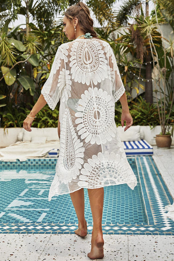 Floral Mesh Long White/Black Cover Up