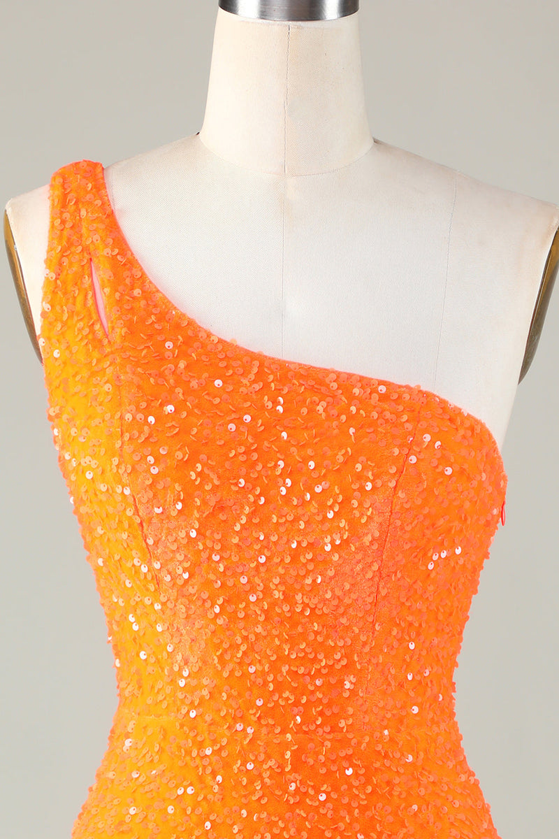 Load image into Gallery viewer, Sequins One-Shoulder Orange Tight Beading Short Homecoming Dress