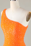 Sequins One-Shoulder Orange Tight Beading Short Homecoming Dress