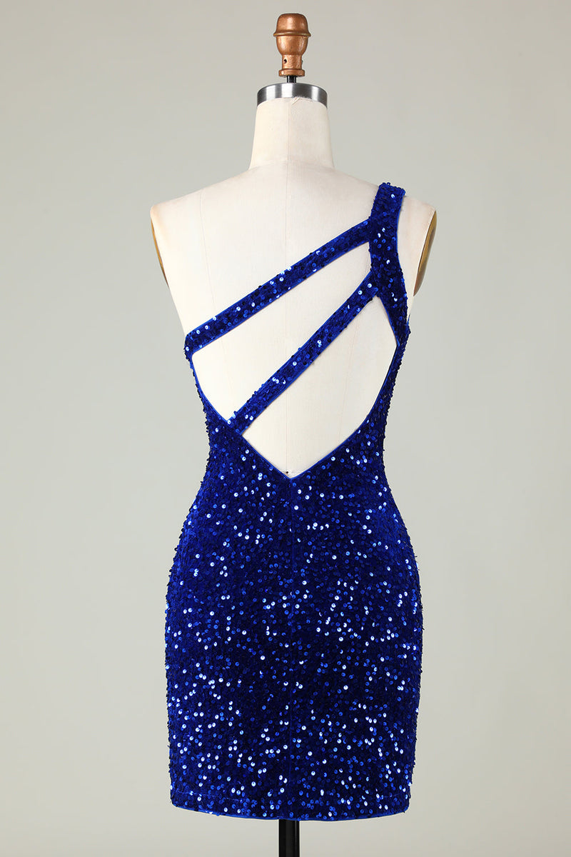 Load image into Gallery viewer, Sequins One-Shoulder Royal Blue Tight Beading Short Homecoming Dress