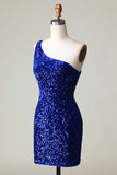 Sequins One-Shoulder Orange Tight Beading Short Homecoming Dress
