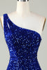 Load image into Gallery viewer, Sequins One-Shoulder Royal Blue Tight Beading Short Homecoming Dress