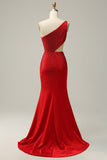 Mermaid One Shoulder Red Cut Out Prom Dress with Beading