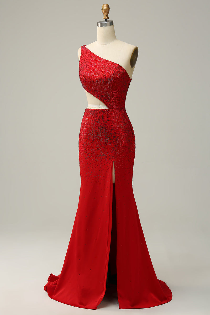 Load image into Gallery viewer, Mermaid One Shoulder Red Cut Out Prom Dress with Beading
