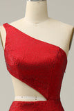 Mermaid One Shoulder Red Cut Out Prom Dress with Beading