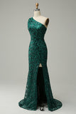 Mermaid One Shoulder Dark Green Sequins Long Prom Dress with Split Front