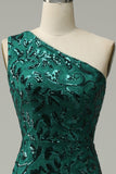 Mermaid One Shoulder Dark Green Sequins Long Prom Dress with Split Front