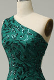 Mermaid One Shoulder Dark Green Sequins Long Prom Dress with Split Front