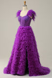 A Line Sweetheart Purple Long Prom Dress with Beading Feathers