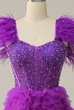 A Line Sweetheart Purple Long Prom Dress with Beading Feathers