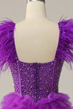 A Line Sweetheart Purple Long Prom Dress with Beading Feathers