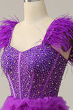 A Line Sweetheart Purple Long Prom Dress with Beading Feathers