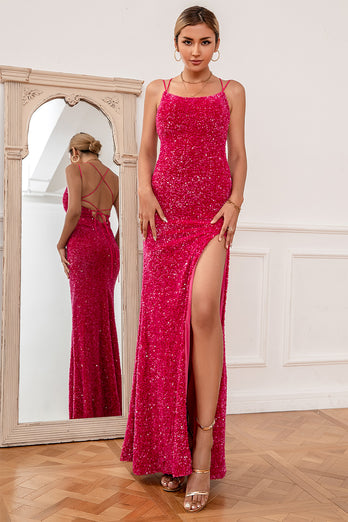 Hot Pink Spaghetti Straps Sequin Prom Dress