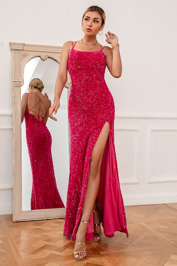 Hot Pink Spaghetti Straps Sequin Prom Dress
