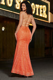 Sparkly Orange Mermaid Spaghetti Straps Sequins Prom Dress With Slit