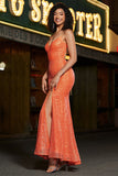 Sparkly Orange Mermaid Spaghetti Straps Sequins Prom Dress With Slit