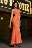 Sparkly Orange Mermaid Spaghetti Straps Sequins Prom Dress With Slit