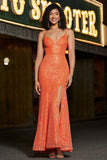 Sparkly Orange Mermaid Spaghetti Straps Sequins Prom Dress With Slit