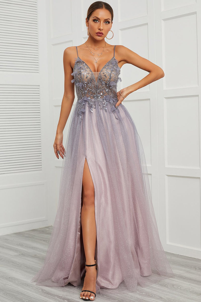 Load image into Gallery viewer, Spaghetti Straps Appliques Long Prom Dress with Split Front