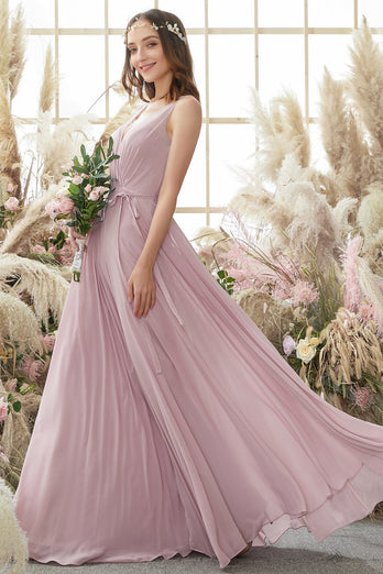 Blush V Neck Long Chiffon Bridesmaid Dress