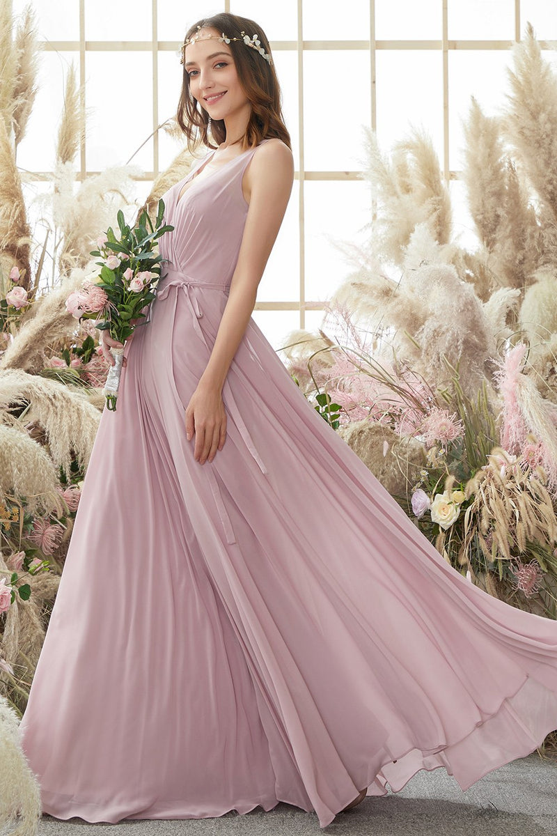 Load image into Gallery viewer, Blush V Neck Long Chiffon Bridesmaid Dress