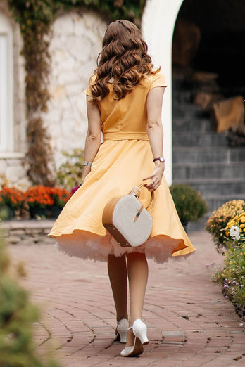 Round Neck Yellow Vintage Dress with Button