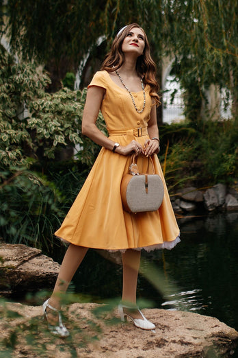 Round Neck Yellow Vintage Dress with Button