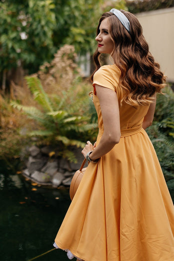 Round Neck Yellow Vintage Dress with Button