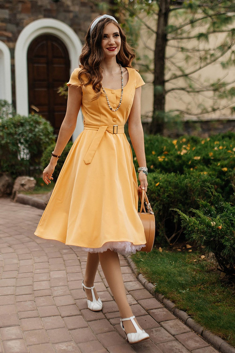 Load image into Gallery viewer, Round Neck Yellow Vintage Dress with Button