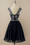 Navy Beaded Sleeveless Graduation Dress