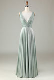 Never-Ending A Line V-Neck Matcha Long Bridesmaid Dress with Beading