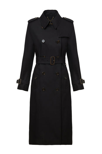 Black Double Breasted Notched Lapel Fitted Long Trench Coat with Belt
