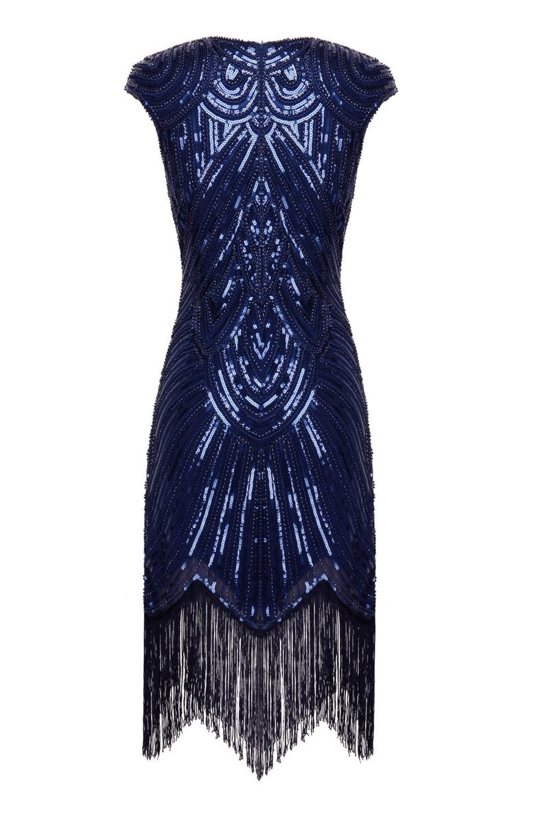 Load image into Gallery viewer, Navy Sequin 1920s Fringe Flapper Dress