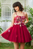 Burgundy A Line Spaghetti Straps Graduation Dress With 3D Flowers