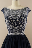 Navy Beaded Sleeveless Graduation Dress