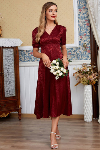 Burgundy/Ivory V Neck Wedding Guest Dress