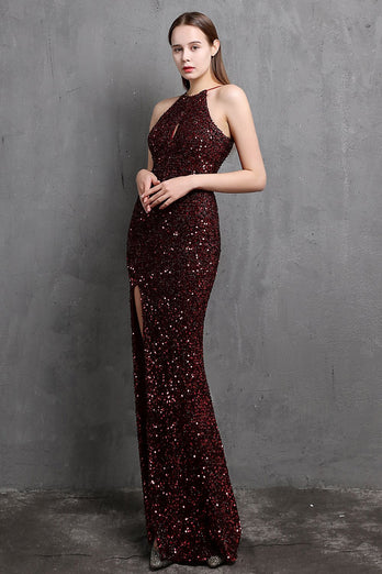 Burgundy Sequin Long Prom Dress with Slit