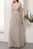 Grey Blue Appliques Prom Dress