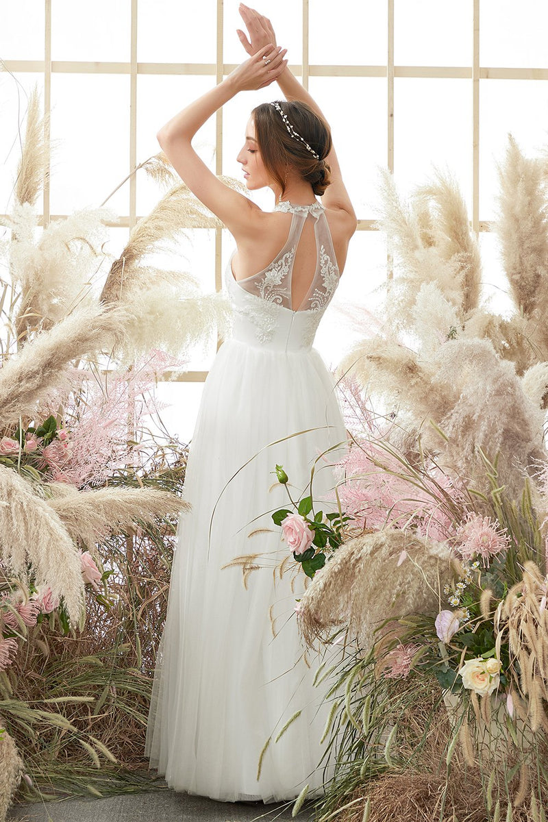 ZAPAKA White Halter Neck Sleeveless Floor Length Wedding Dress – Zapaka CA