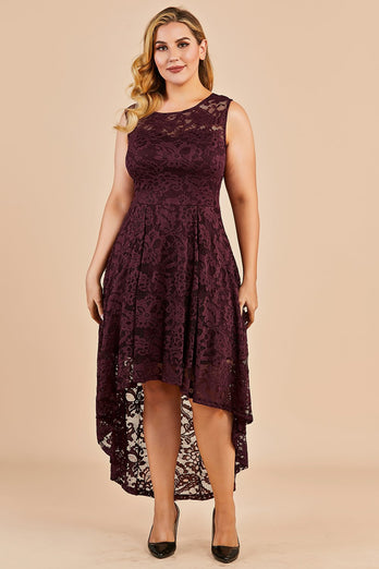 Burgundy Plus Size Asymmetrical Lace Party Dress