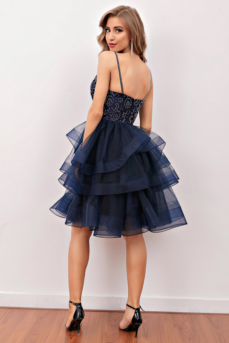 Load image into Gallery viewer, Navy Beaded Short Cocktail Dress
