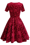 Burgundy Short Sleeves Velvet Party Dress